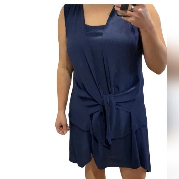 Sundance Navy Blue tie front flowy layered midi Dress